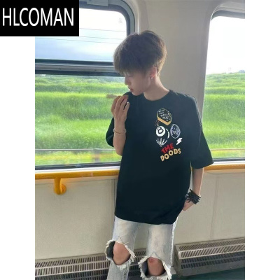 HLCOMAN复古圆领T恤短袖潮男ins百搭痞帅黑色高级感潮牌上衣薄款