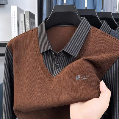 中老年假两件爸爸装上衣polo衫男式春秋季宽松百搭翻领打底衫T恤