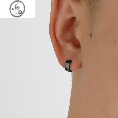 JiMiYiJian 925银银耳环男黑色学生单只耳扣女宽面素圈耳钉小众设计感