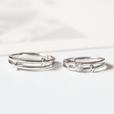 纯银镶钻对戒S925银情侣戒指仿真钻求婚道具礼物指环男女简约竹节