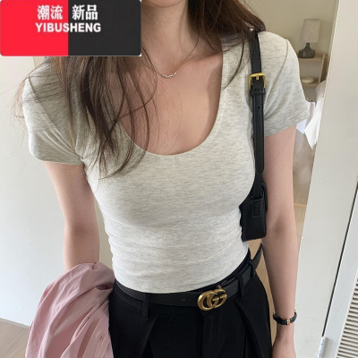 YIBUSHENGsuseyiku U领修身短款露腰短袖T恤女新款正肩显瘦百搭辣妹上衣