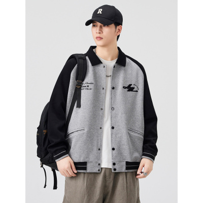 |美式早秋季设计高级感开衫卫衣外套版拼接翻领字母印花款