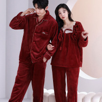 情侣睡衣秋冬季珊瑚绒本命年喜庆结婚大红色一男士一女家居服套装_957