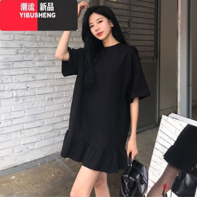 YIBUSHENG特大码300斤慵懒风季法式赫本短袖胖M宽松荷叶边中长款连衣裙女