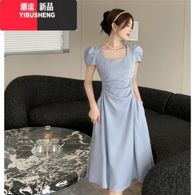 YIBUSHENG大码法式方领蓝色连衣裙女季胖mm显瘦遮肉气质收腰泡泡袖a字裙