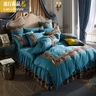 欧式床罩床裙式床上四件套床裙款棉棉床单蕾丝床套罩公主风带 三维工匠