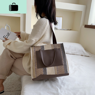 上新托特包包女简约复古撞色编织手提包少女百搭大容量单肩包春夏NEW LAKE女斜挎包