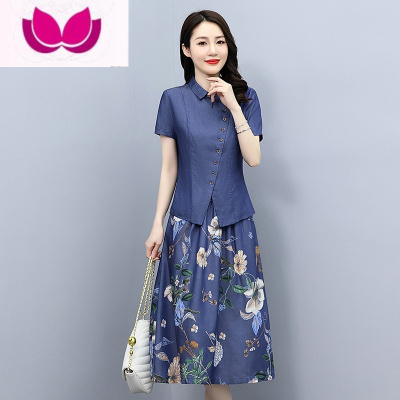 七斓夏季碎花棉麻套牛仔连衣裙气质复古显瘦遮肚雪纺套装裙子女夏