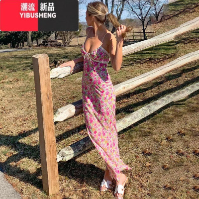 YIBUSHENG 欧美日小清新碎花裙性感V领蕾丝拼接吊带长款连衣裙女
