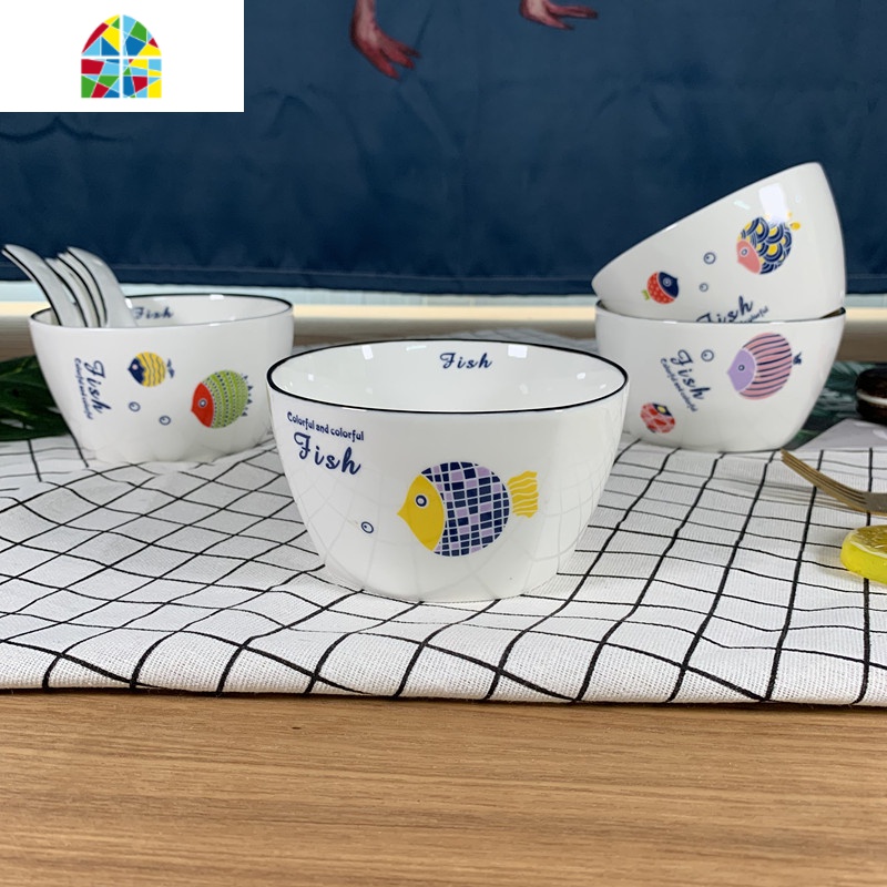 封后创意可爱骨瓷Fish碗套装 韩式家用4人碗碟碗盘筷餐具组合 FENG 4碗4圆盘4勺1汤碗1大勺1鱼盘收藏送筷子