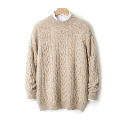 半高领100全羊毛衫男宽松加厚扭花毛衣大码商务针织保暖打底毛衫