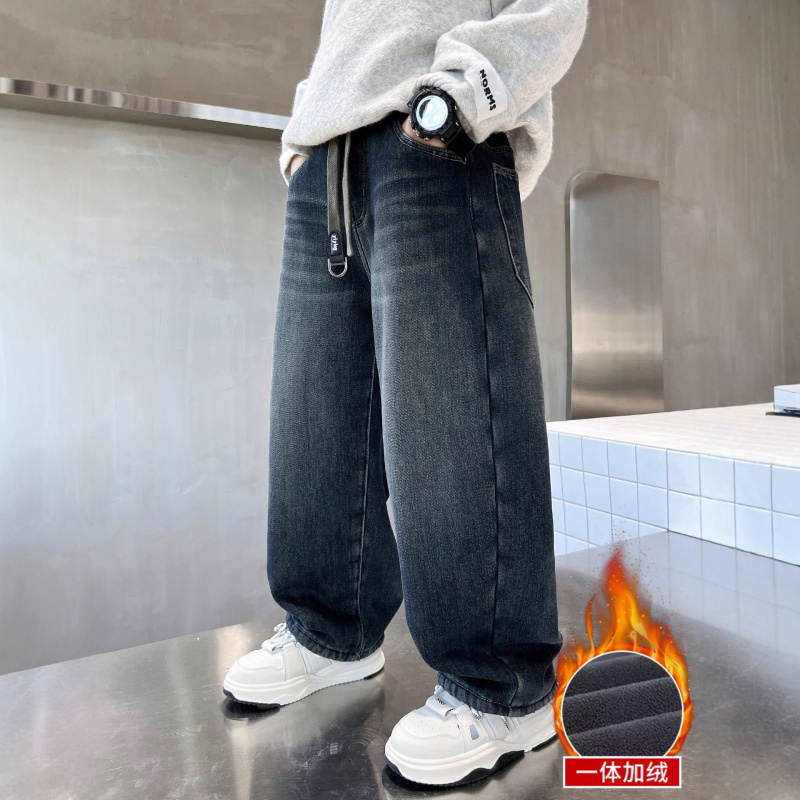 男童加绒裤子秋冬款男孩初中生12岁加厚牛仔裤男大童韩版阔腿裤潮