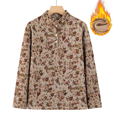 年印花款妈妈内搭加绒保暖女装中老年人打底衫冬季上衣中领女