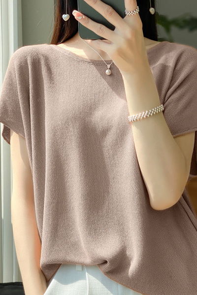 女装纯色针织T恤短袖冰丝蝙蝠衫夏季新款英伦风薄款套头上衣