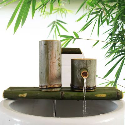 维诺亚竹子流水器循环鱼缸陶瓷石槽循环流水摆件竹筒增氧加湿过滤器摆件