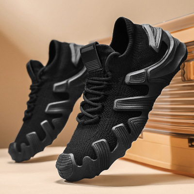 男士新款四季可穿休闲潮流百搭厚底日常舒适透气纯色飞织款运动鞋
