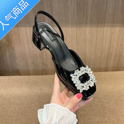 SUNTEK水钻方扣包头凉鞋女夏季2023年新款时尚方头后空一字带粗跟单鞋