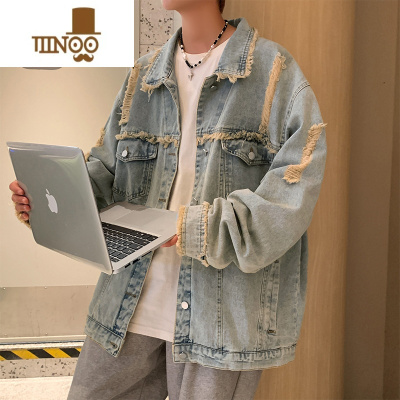 YANXU毛边破洞水洗做旧牛仔外套男士秋季复古高街vibe潮牌痞帅工装夹克