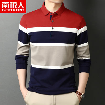 南极人纯棉T恤男长袖宽条纹POLO衫秋装上衣中年翻领全棉体恤