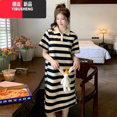 YIBUSHENG韩版宽松刺绣POLO翻领条纹显瘦中长款开叉T恤裙女休闲短袖连衣裙