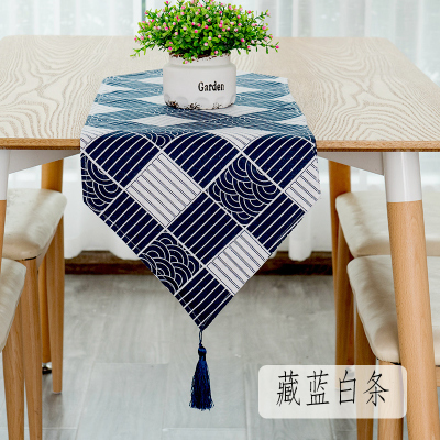 餐桌桌旗北欧现代简约家用欧式茶几桌旗轻奢民宿床旗电 藏蓝白条 30*240cm(适合180-200cm左右桌子茶桌柜子)