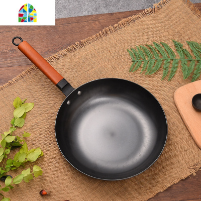 经典生铁铸铁无涂层平底锅电磁炉不起拱炒锅家用轻便节能健康炒锅 FENGHOU 30CM圆底+木盖