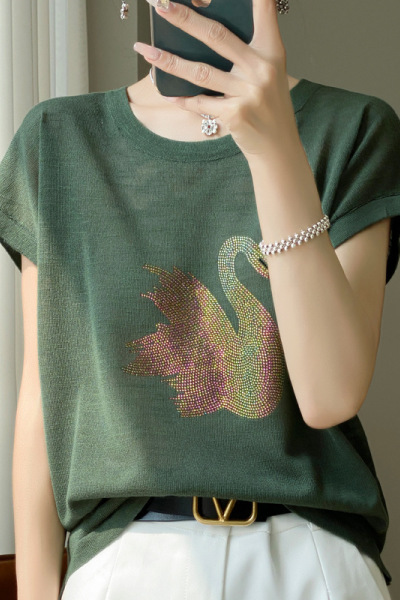 夏季女装新款针织衫棉竹节麻短袖上衣女T恤女圆领烫钻天鹅