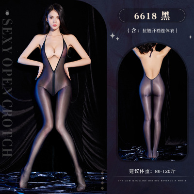 霏慕性感情趣丝袜情趣内衣开裆免脱连体衣深V裸背拉链开裆连体衣女式情趣睡衣油亮黑丝6618