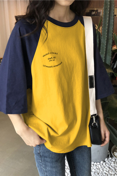 设计感拼接短袖T恤女夏韩国女装短款高腰撞色宽松上衣时尚装