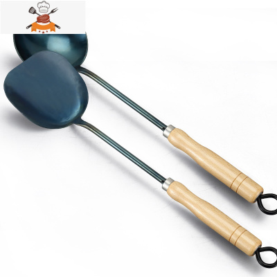 手工锻打锅铲套装传统老式防烫厨具熟铁铲长柄加厚炒勺炒菜铲子 敬平 榉木柄手工锅铲勺套装