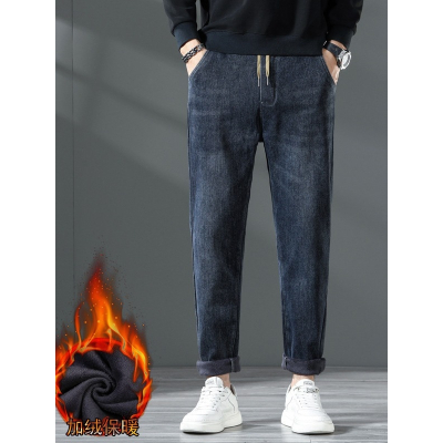 秋冬加绒裤子男牛仔松紧腰抽绳保暖直筒裤新款青少年潮流百搭长裤