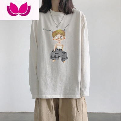 七斓卡通印花长袖白色t恤女宽松学生外穿内搭打底衫秋装上衣ins超火潮