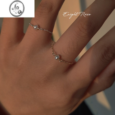 JiMi强光小珍珠软戒 14k包金淡水米珠链条随形戒指 925银银细戒女