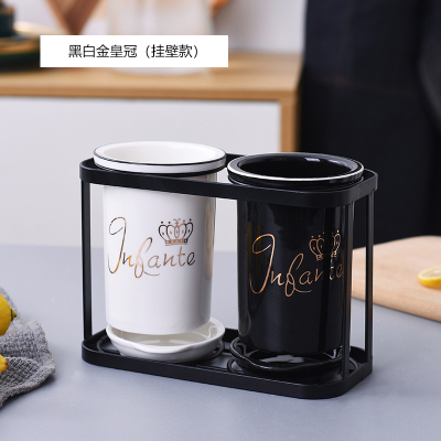 北欧陶瓷筷子筒家用厨房置物架筷子篓平放沥水筷子笼筷勺子收纳盒 敬平 黑白金皇冠(壁挂款)筷笼