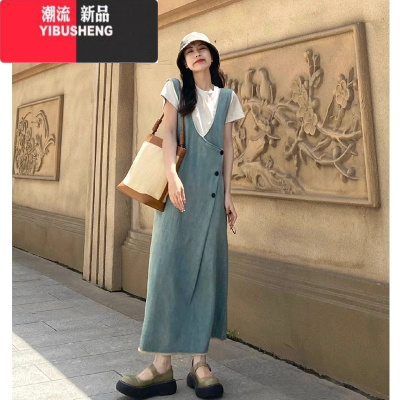 YIBUSHENG装茶系穿搭一整套女装大码胖mm韩系牛仔背带连衣裙洋气减龄套装
