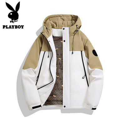 花花公子新款高品质冬季新国标90白鸭绒羽绒服男生港风拼侣连帽外套夹克