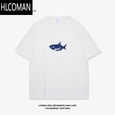 HLCOMAN巨齿鲨鱼设计感短袖t恤男潮牌大码宽松夏季薄款黑色半袖