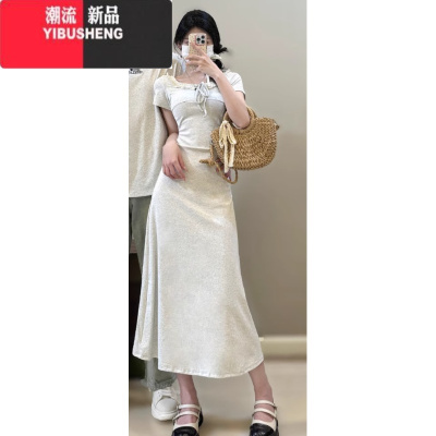 YIBUSHENG气质花边领a字长裙女小众情侣装季短袖T恤连衣裙高级感一裙一衣