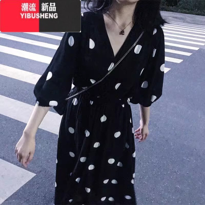 YIBUSHENG新款雪纺连衣裙2024法式桔梗气质收腰复古显瘦波点长裙季裙子女