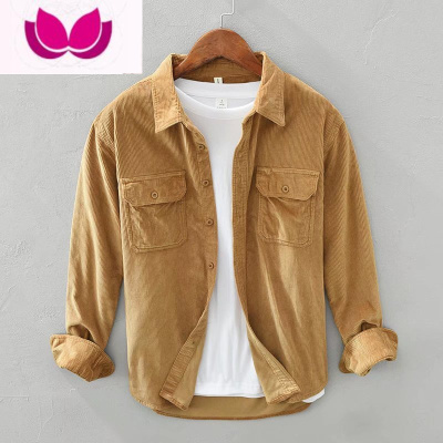 七斓2023新款复古港风工装灯芯绒休闲长袖衬衫日系男士翻领条绒衬衣潮