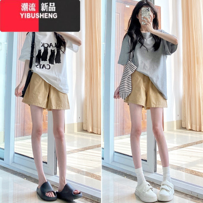 YIBUSHENG卡其色运动短裤女季外穿高腰a字显瘦休闲阔腿速干棉麻五分中裤