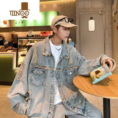 YANXU潮牌秋季破洞牛仔外套男士复古毛边炸街痞帅潮流宽松休闲夹克上衣