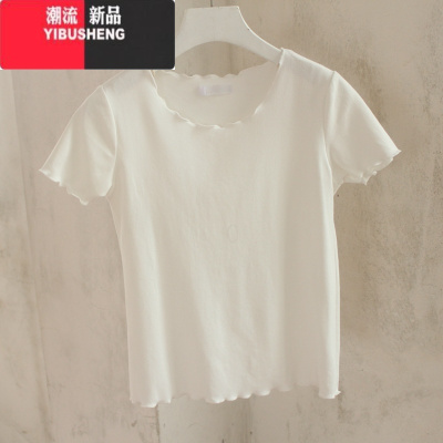 YIBUSHENG木耳边休闲T恤女短袖圆领基础款简约胖子大码打底小衫上衣