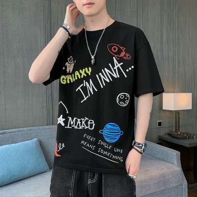 夏季新款男士短袖T恤韩版潮流百搭帅气印花纯棉圆领打底衫男