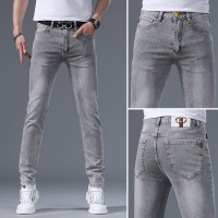 夏季薄款浅灰色牛仔裤年新款百搭欧货弹力轻奢男士修身小脚裤