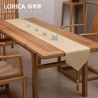 新中式桌旗禅意色棉麻茶几餐桌布日式长条北欧现代简约五斗柜布 平织-米黄 33*300cm(适用桌长2.4米-2.6米)