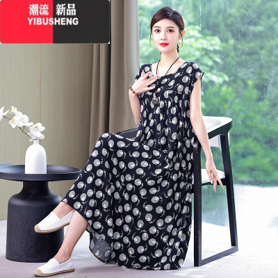YIBUSHENG2024新款女士棉绸连衣裙季加肥加大码女装时尚宽松大摆妈妈长裙