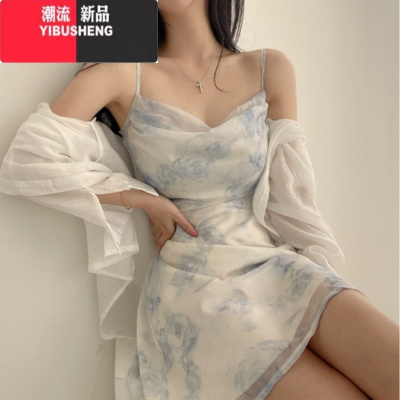 YIBUSHENG韩国chic季气质小清新水墨画印花镂空露背小个子雪纺吊带连衣裙