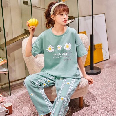 韩版睡衣女士春夏季短袖长裤纯棉家居服薄款大码可外穿睡衣套装