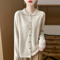 新款一线成衣翻领羊毛开衫女年秋冬纯色单排扣宽松针织外套